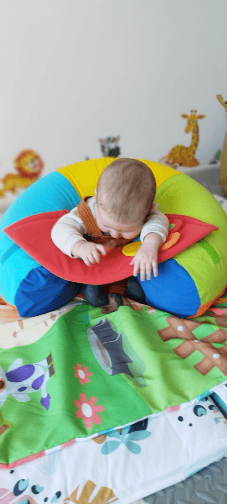 Un tout-petit installé confortablement sur le ventre sur un coussin d'éveil multicolore posé sur un tapis de jeu.
