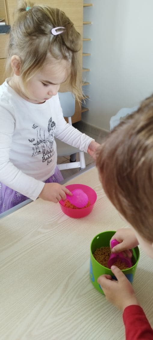 Deux enfants utilisent des petites pelles en plastique pour manipuler des graines dans des bols colorés, une activité de transvasement ludique et stimulante.